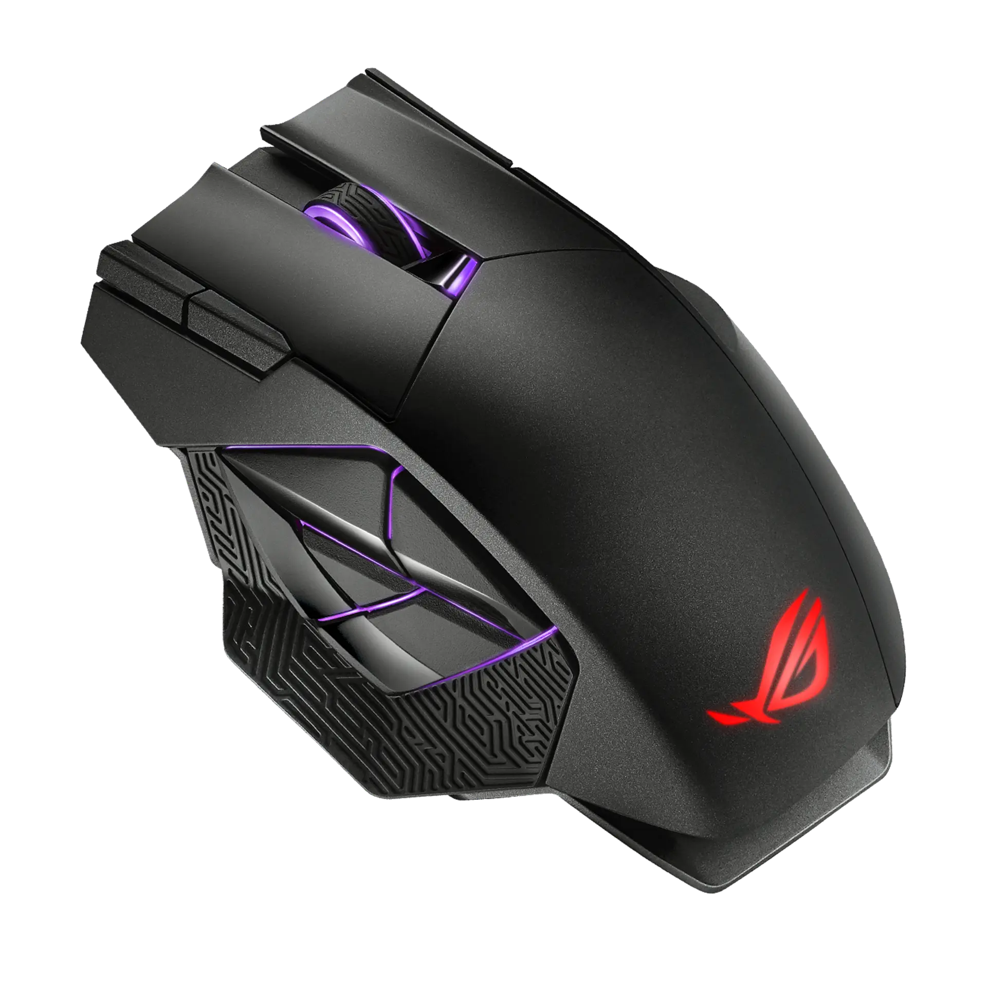 ASUS ROG Spatha X wireless MMO mouse in black, angled top view showing the purple-lit scroll wheel, left thumb button cluster and red ROG logo