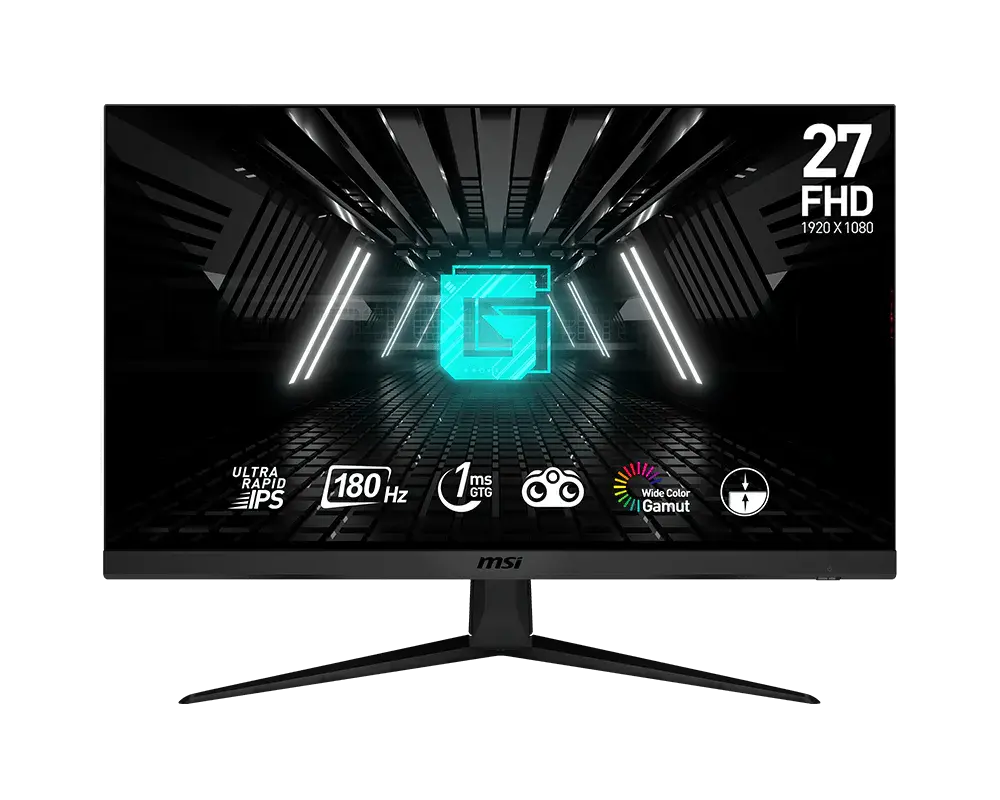 MSI G2712F monitor on its supplied stand, official front view with manufacturer sample screen artwork