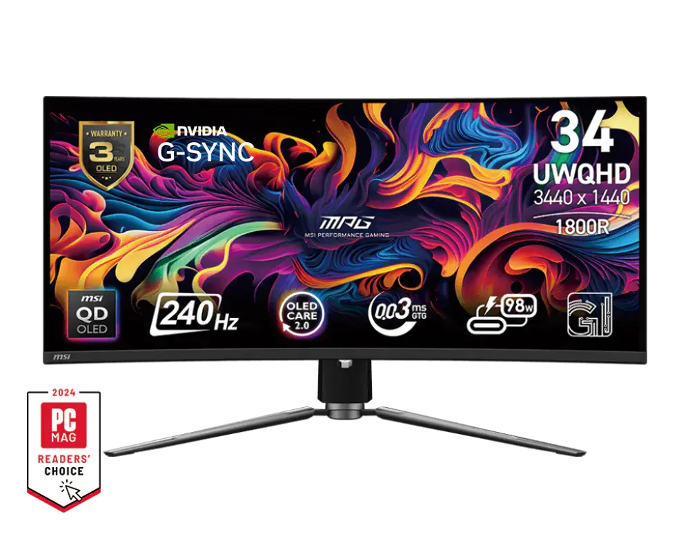 MSI MPG 341CQPX QD-OLED monitor on its supplied stand, official front view with manufacturer sample screen artwork