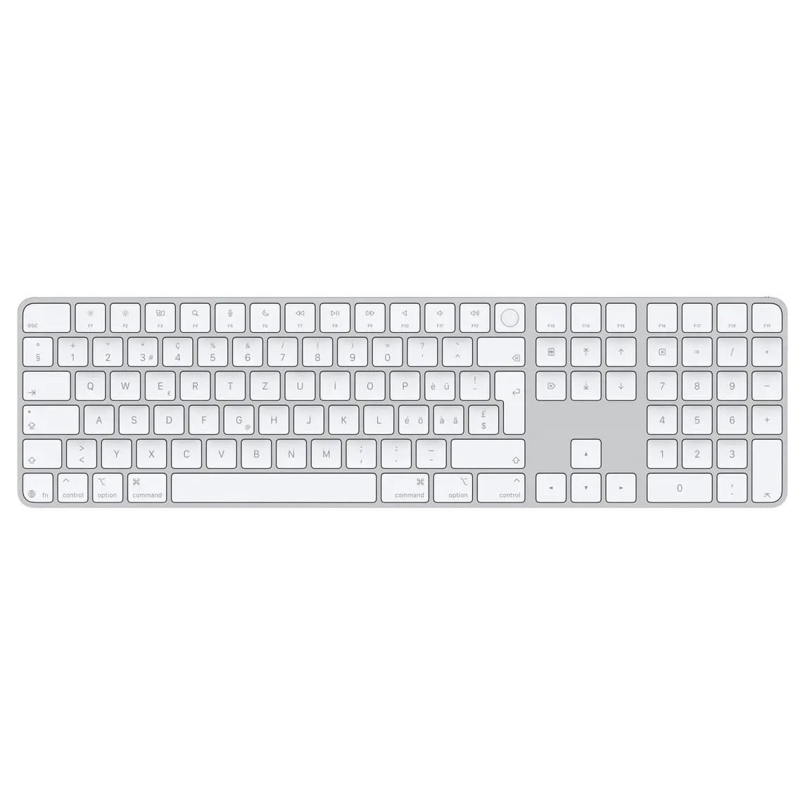 Magic Keyboard with Touch ID and Numeric Keypad, whitekeys, silver aluminium structure, round Touch ID sensor, full-height function keys