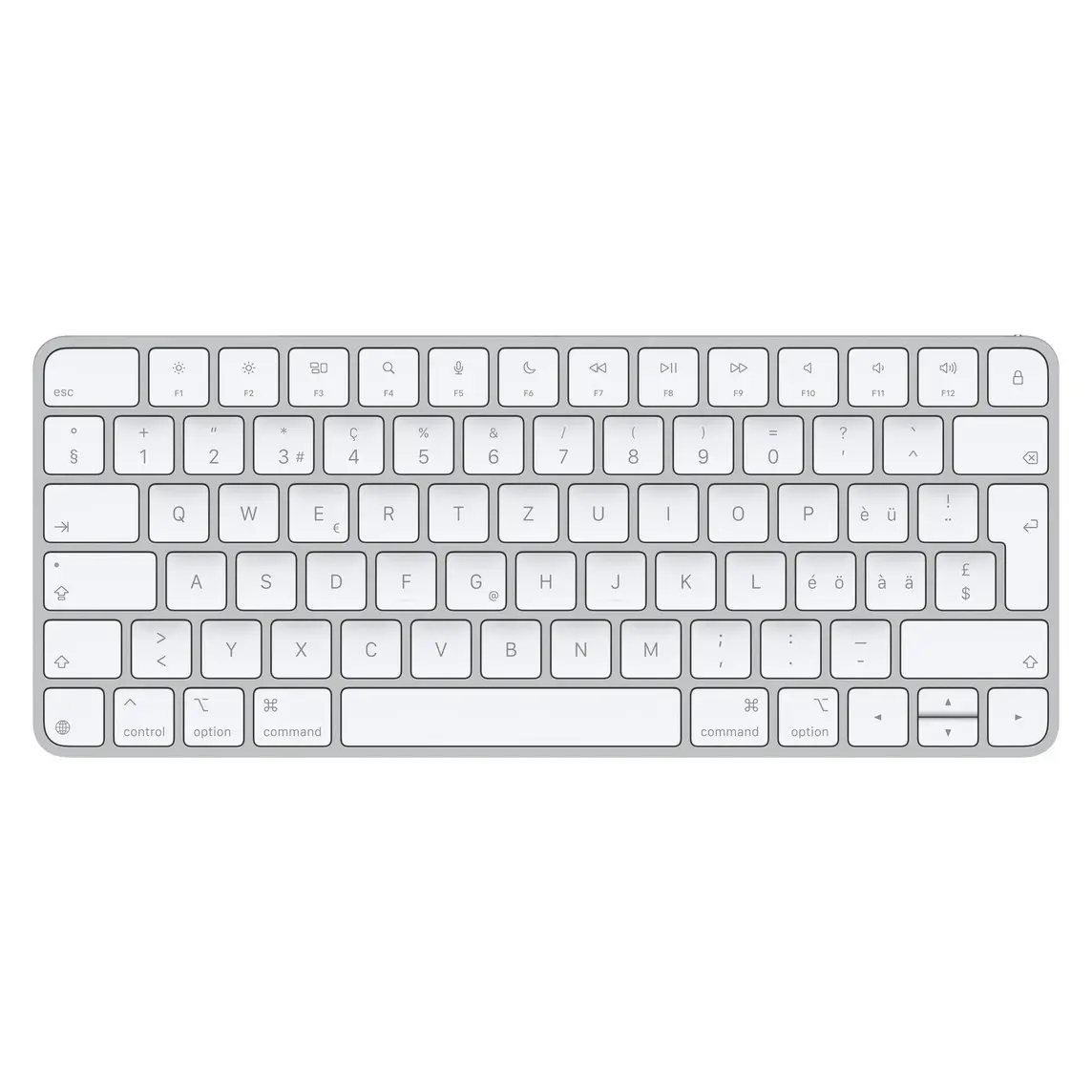 Magic Keyboard, white keys, silver aluminium structure, full-height function keys, half-height up and down arrow keys