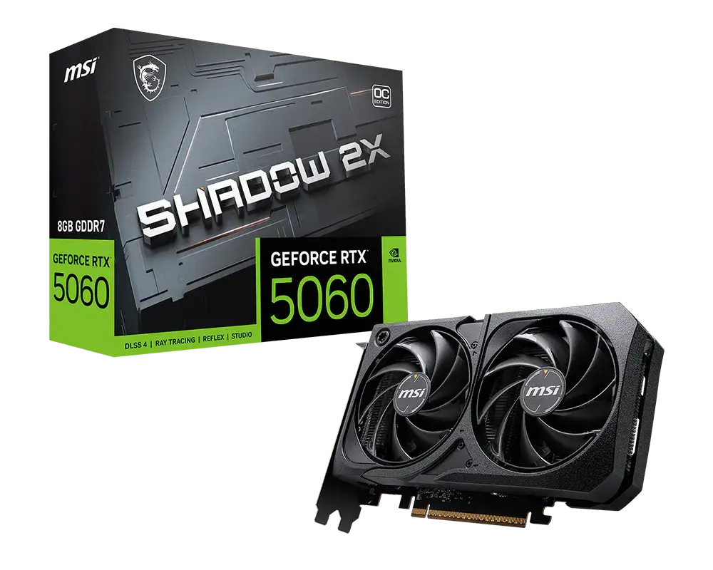 MSI GeForce RTX 5060 8G SHADOW 2X OC: one graphics card beside its exact model retail box