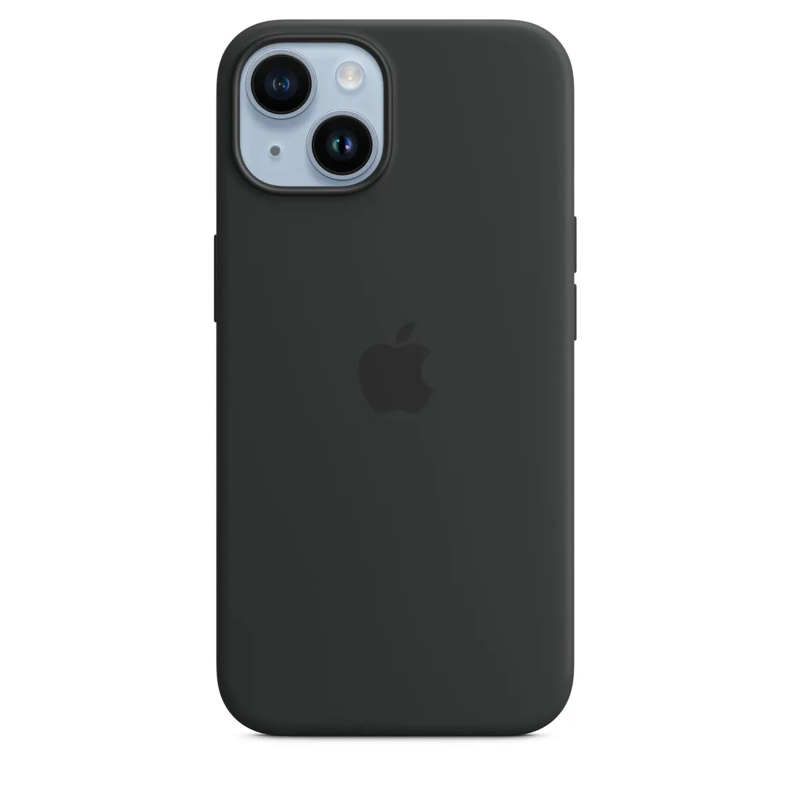 iPhone 14 Silicone Case with MagSafe in Midnight, with iPhone 14 in Blue.