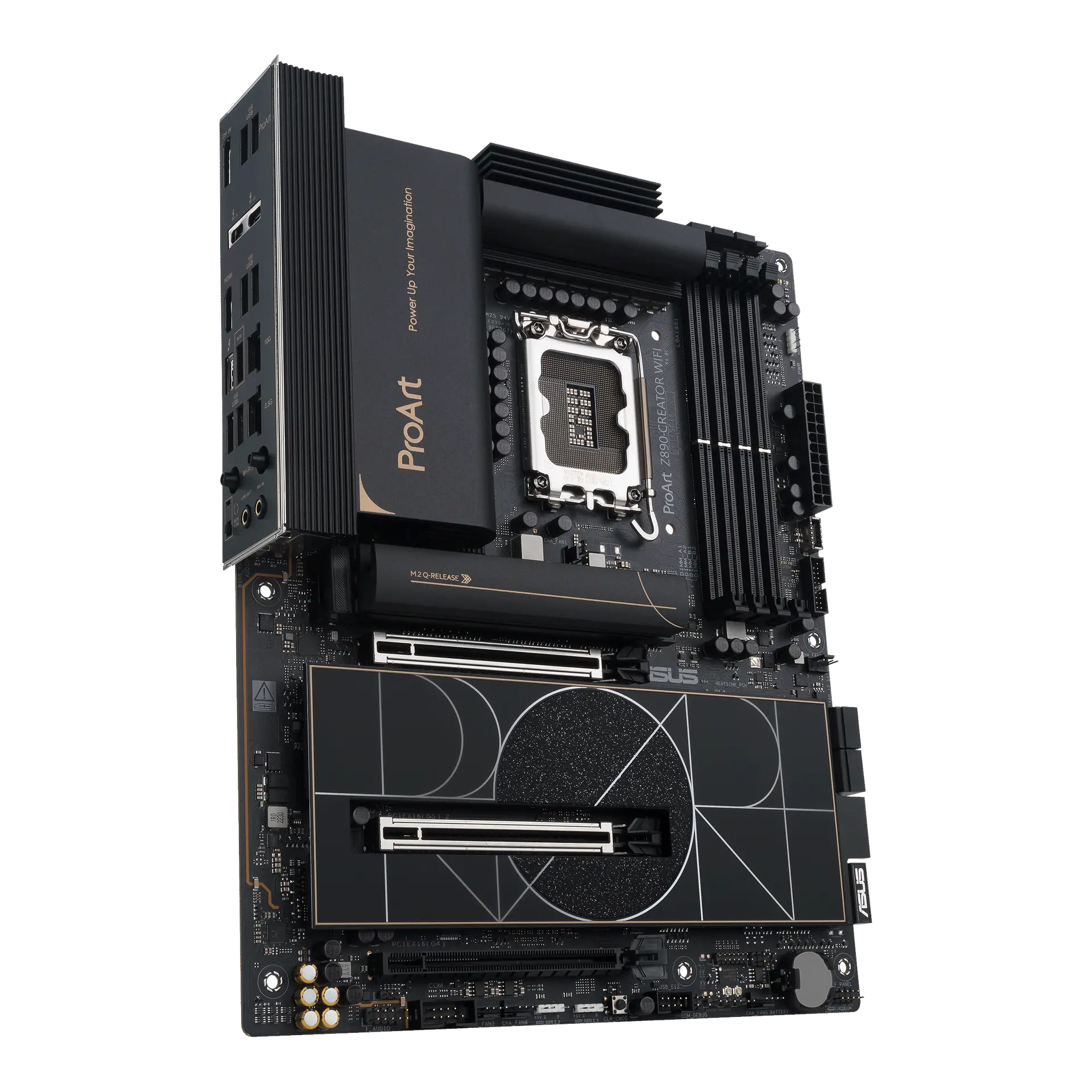 ASUS ProArt Z890-CREATOR WIFI motherboard, official three-quarter view showing the rear connections and black-and-gold heatsinks.