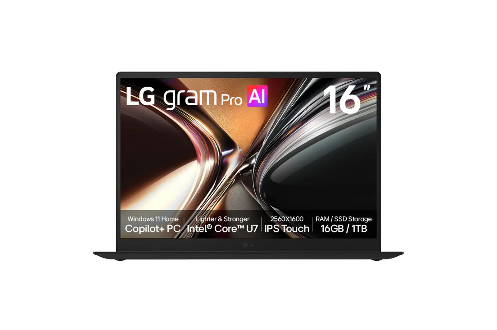 Front view of 16” LG gram Pro Laptop, Copilot+, Windows 11 Home, Touch Screen, intel® Core™ U7, Black 16Z90U-H.AU78AN