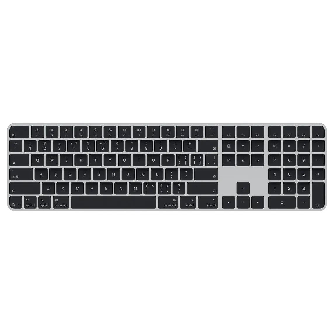 Magic Keyboard with Touch ID and Numeric Keypad, black keys, silver aluminium structure, round Touch ID sensor, full-height function keys