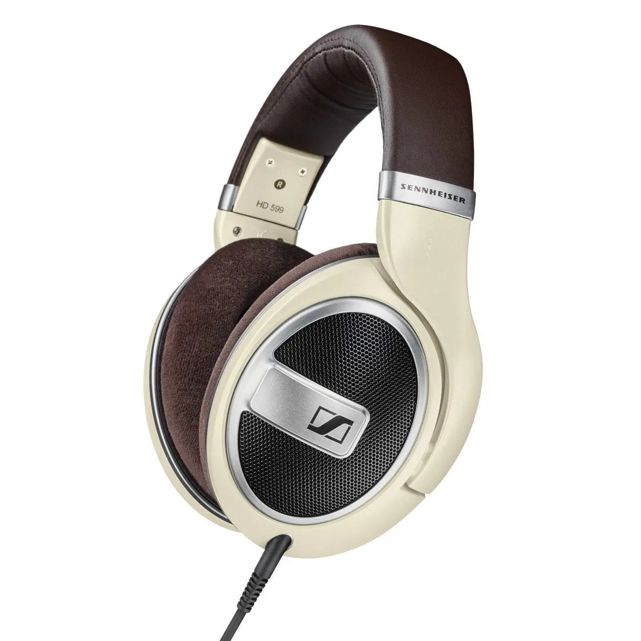 Sennheiser HD 599 open-back over-ear headphones in ivory with brown headband, three-quarter view