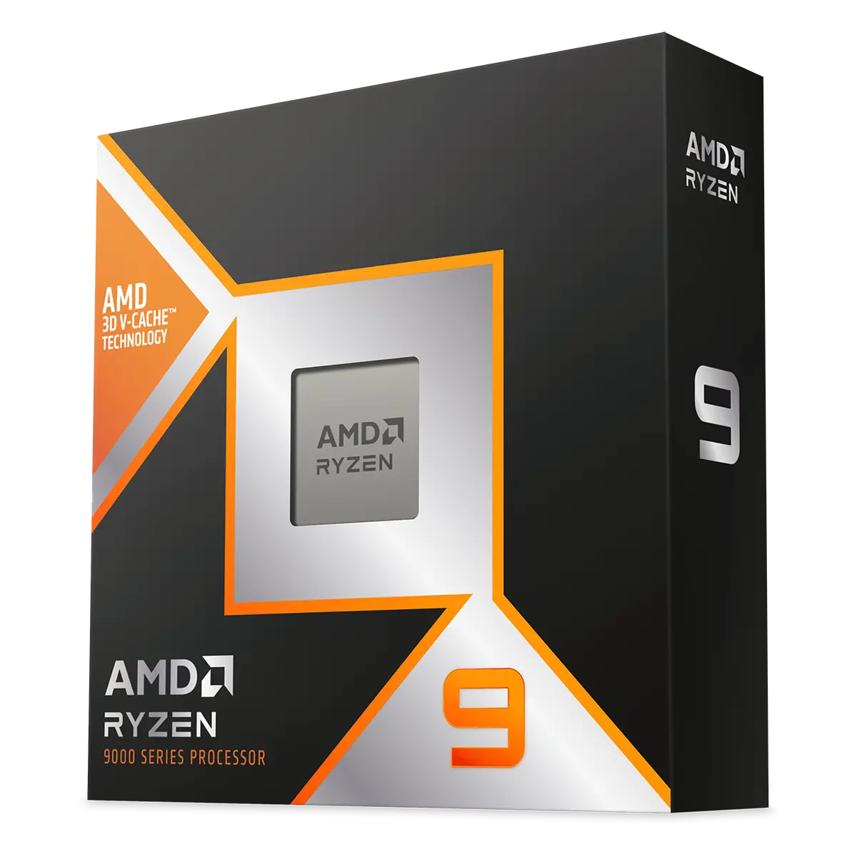 AMD's official boxed-product artwork for Ryzen 9 9950X3D; the exact model is established by its manufacturer page, not a readable model number on the visible box face.