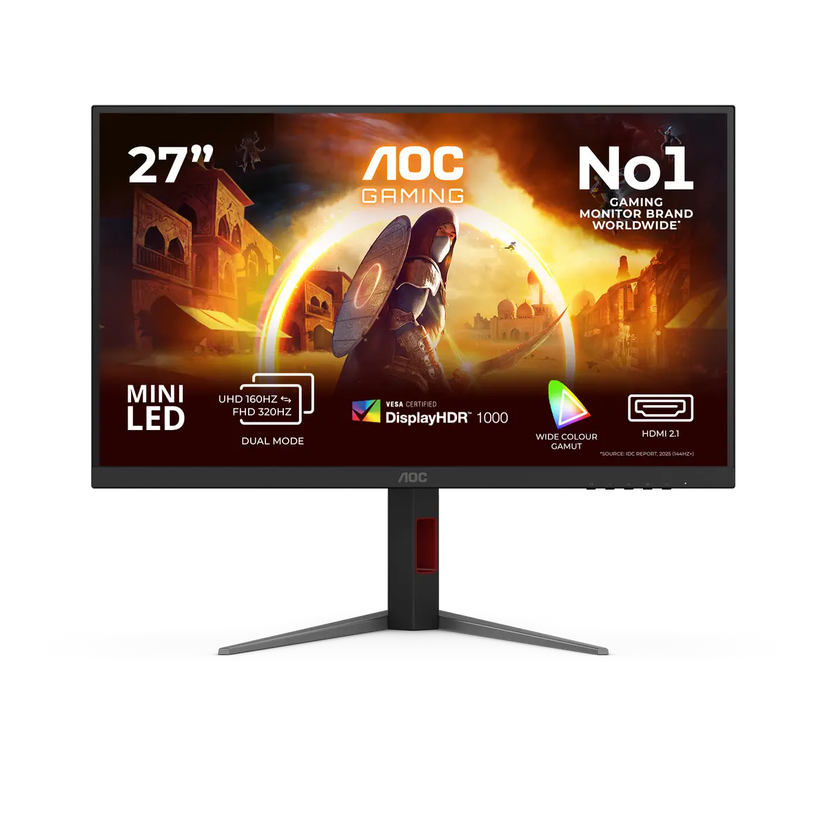 AOC U27G4XM monitor, official exact-model gallery view showing the screen and supplied stand.