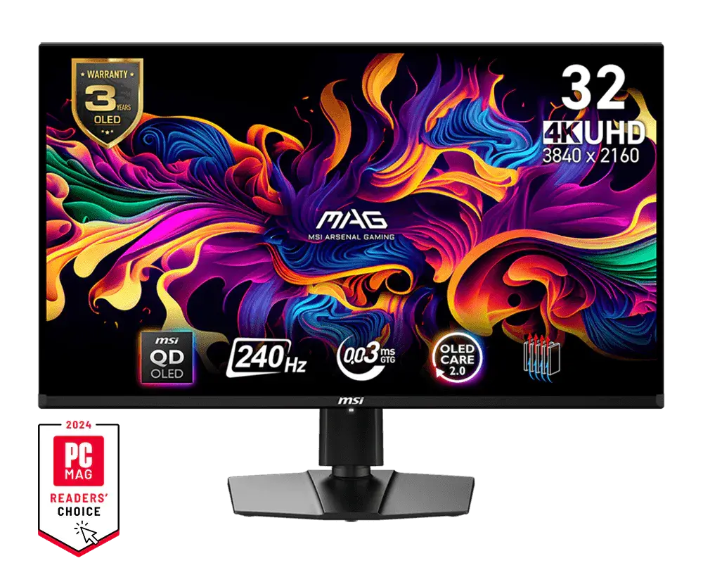 MSI MAG 321UPX QD-OLED monitor on its supplied stand, official front view with manufacturer sample screen artwork