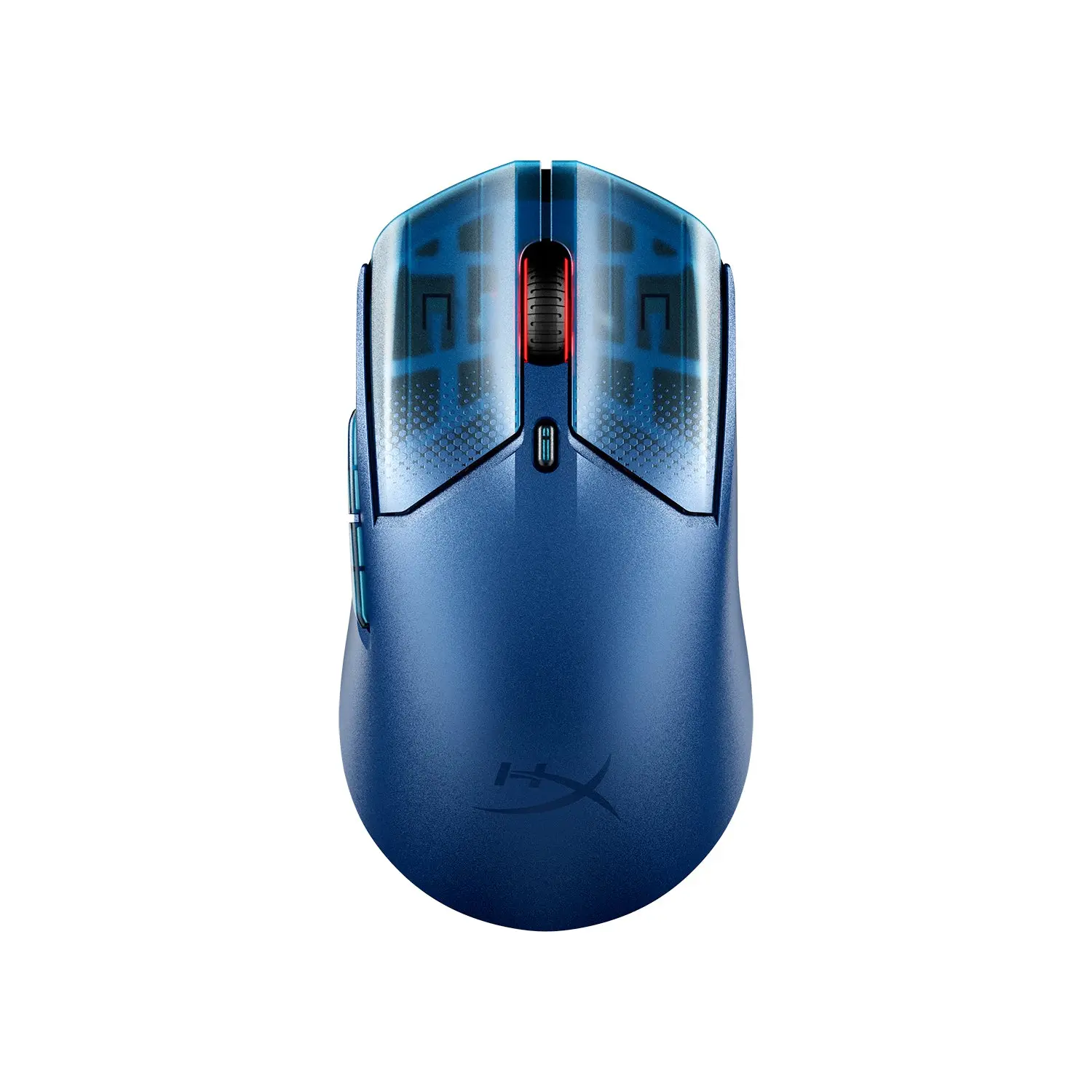 HyperX Pulsefire Haste 2 S Wireless mouse in navy, top view showing translucent patterned main buttons, red-lit scroll wheel, DPI button and two left side buttons