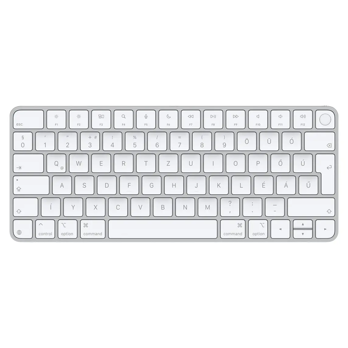 Magic Keyboard, white keys, silver aluminium structure, full-height function keys, half-height up and down arrow keys
