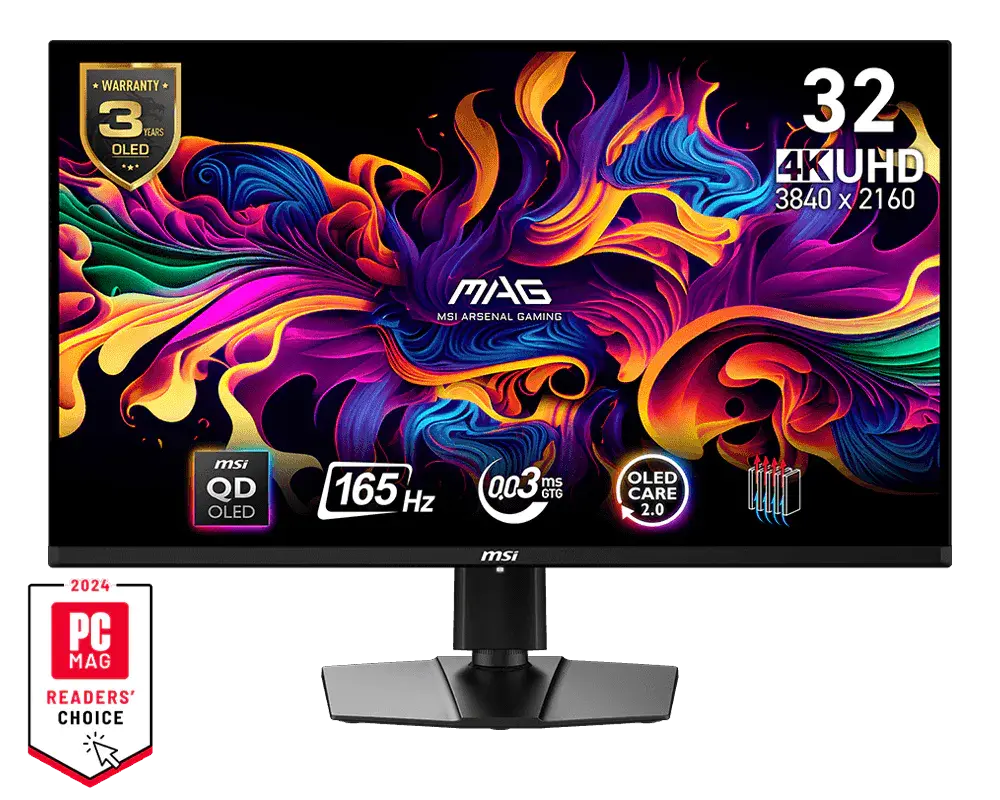 MSI MAG 321UP QD-OLED monitor on its supplied stand, official front view with manufacturer sample screen artwork