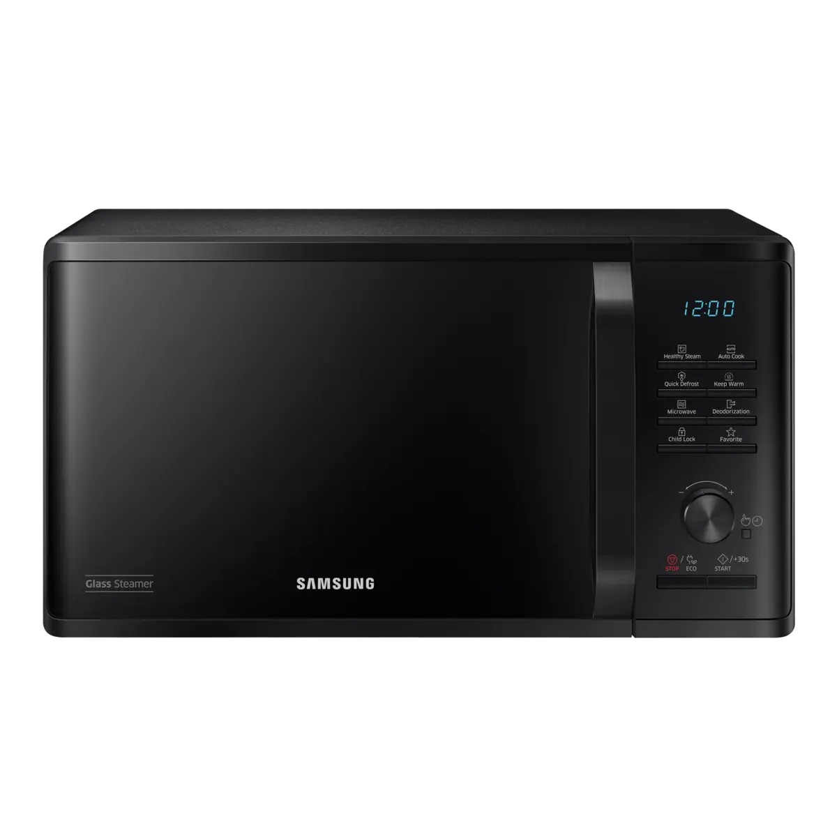 Front view of a black Samsung Solo Microwave oven with Health Steam
