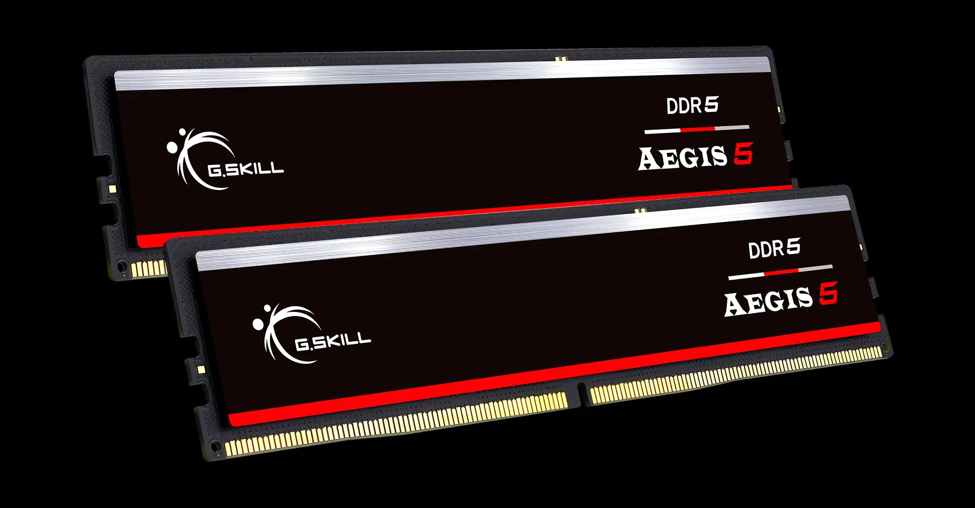 Two black G.SKILL Aegis 5 DDR5 modules with a red stripe on a black background