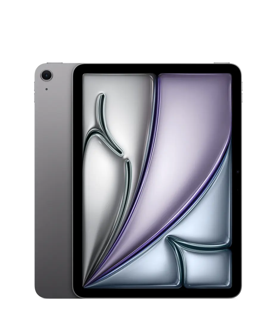 iPad Air, Wi-Fi, back exterior, Space Grey, single-lens camera, Apple logo in the centre, iPad Air, side exterior, thin design, colour matches back exterior
