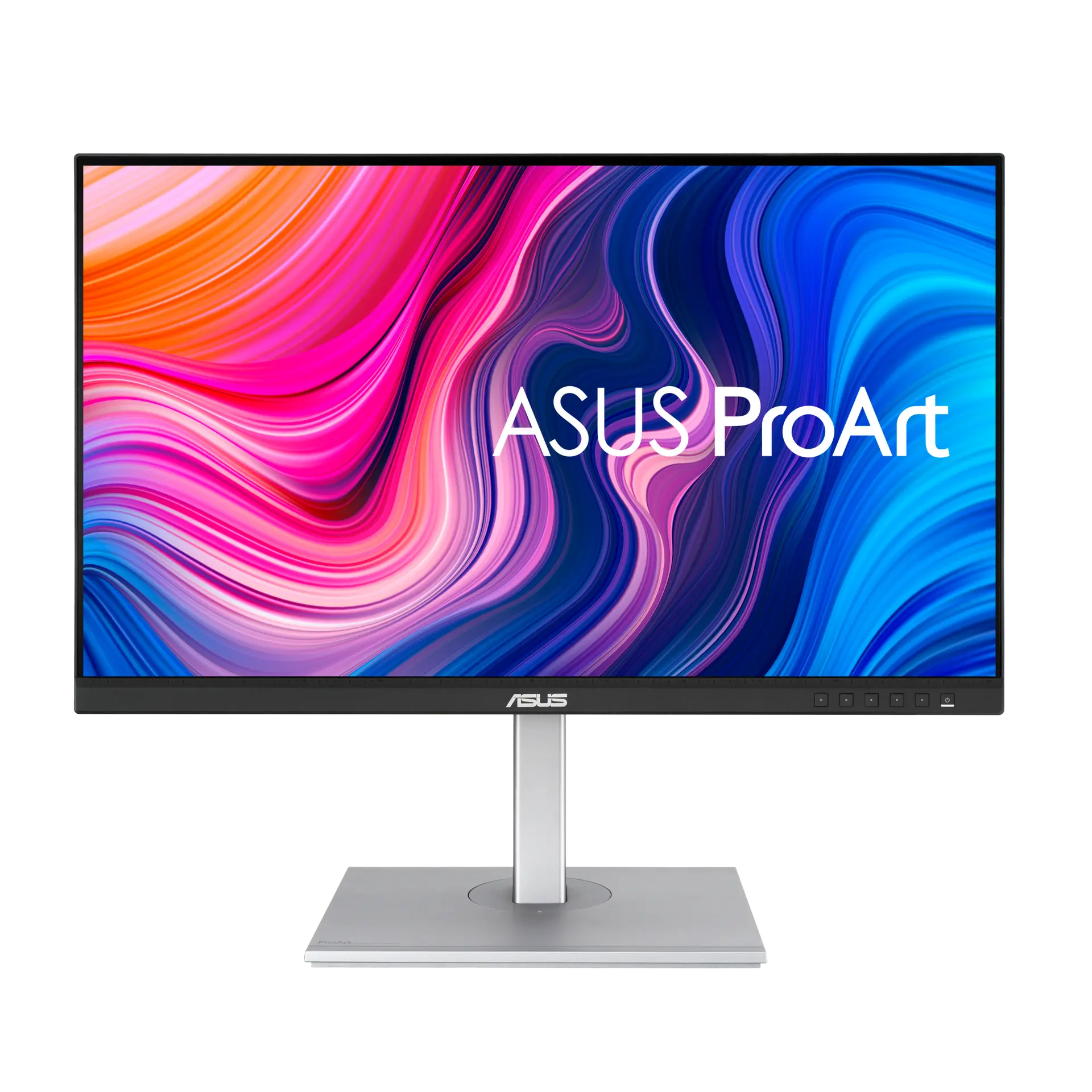 ASUS ProArt Display PA278CV monitor from the front on its silver height-adjustable stand, with ProArt screen artwork.