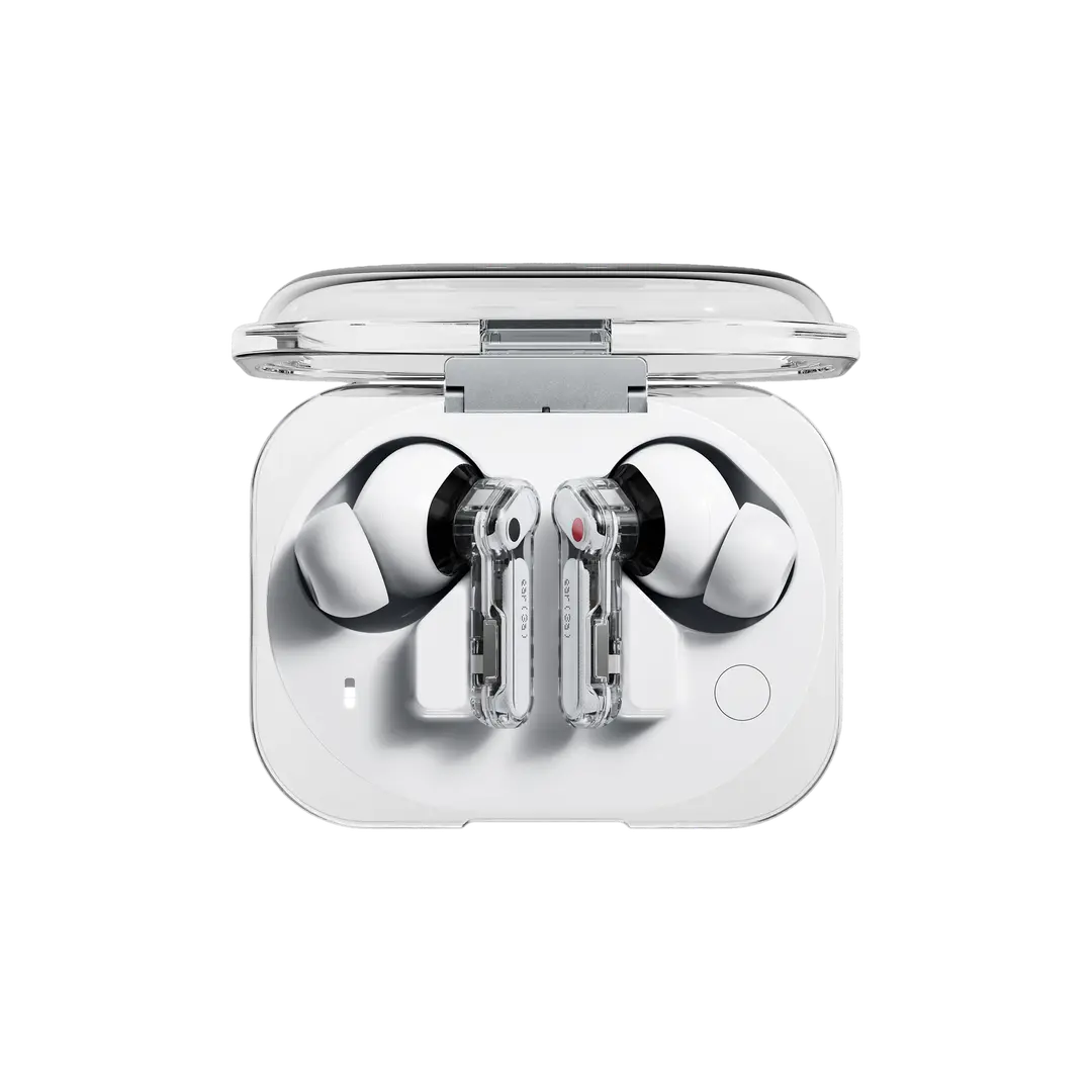 Nothing Ear (3a) white earbuds with transparent stems in an open white charging case