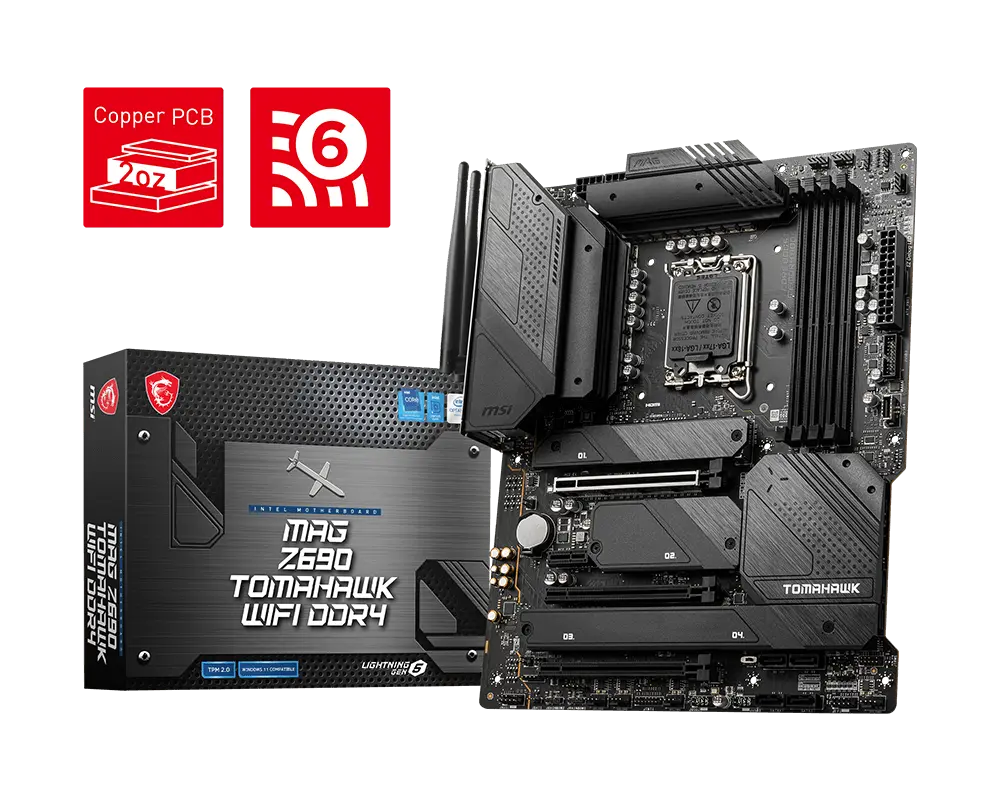 MSI MAG Z690 TOMAHAWK WIFI DDR4 motherboard with exact-model retail packaging