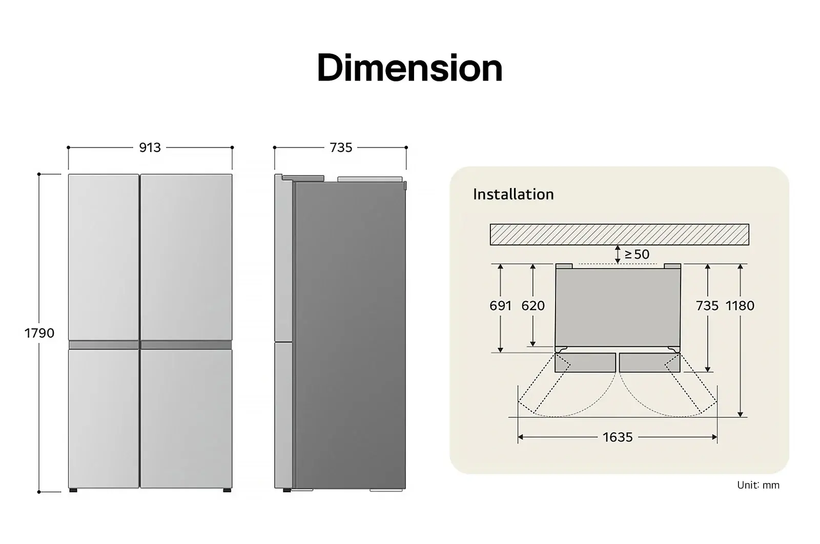 LG Side-by-Side Refrigerator GSXV80PZLE displaying the detailed installation dimensions and product size, including a height of 1790 mm, width of 913 mm, and depth of 735 mm.