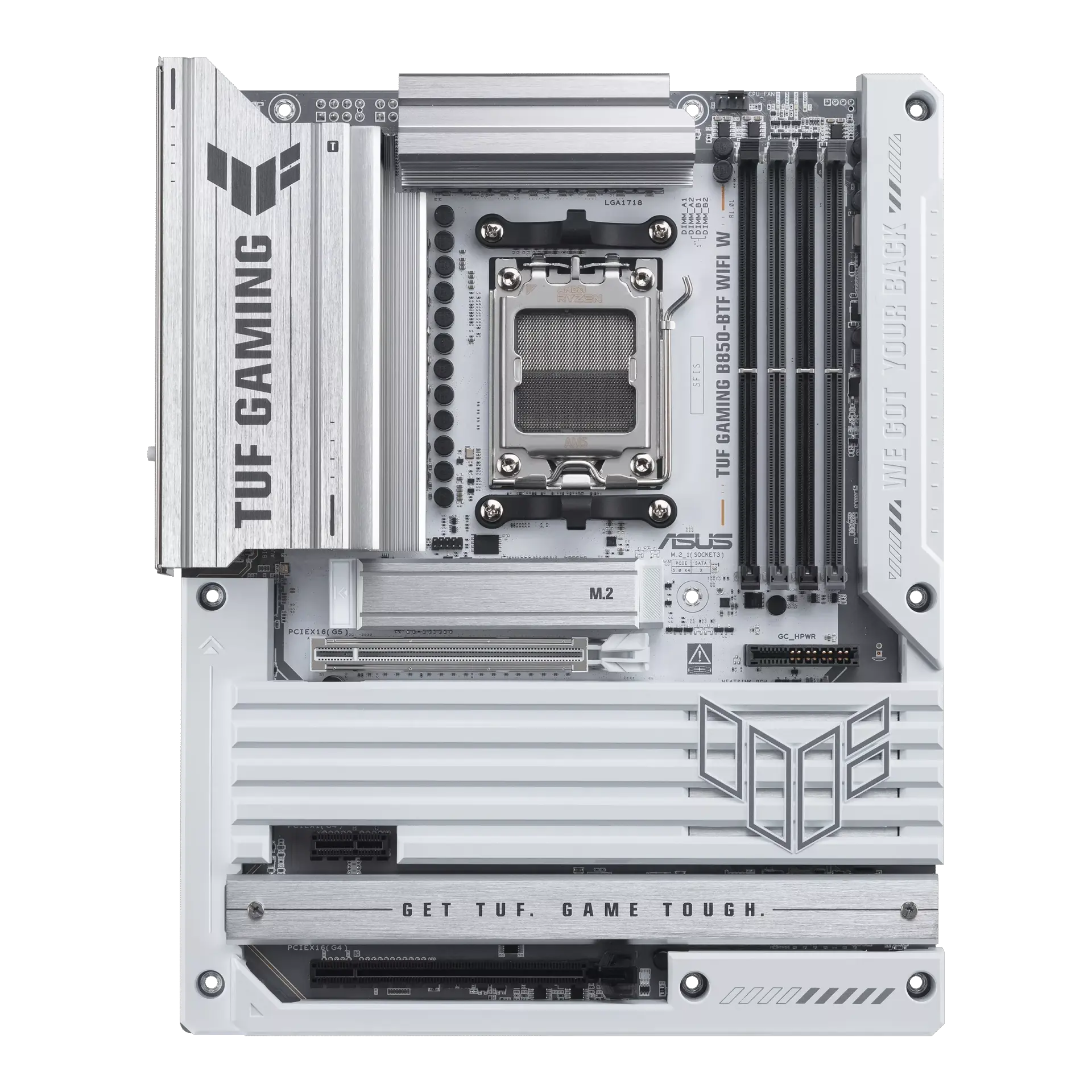 ASUS TUF GAMING B850-BTF WIFI W motherboard in white, official front view showing its exact board layout, AM5 processor socket, four memory slots, graphics high-power slot and heatsinks.