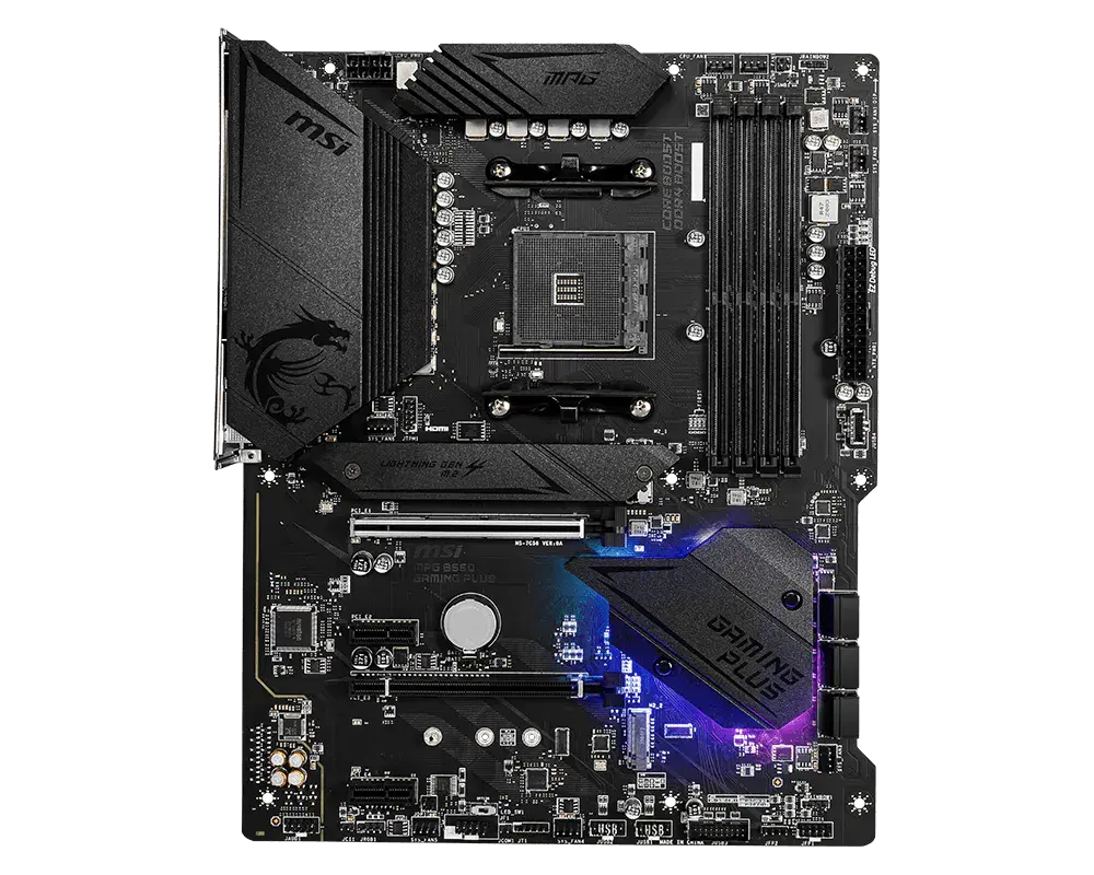 MSI MPG B550 GAMING PLUS motherboard, top view of the exact global model; CPU and memory are not installed