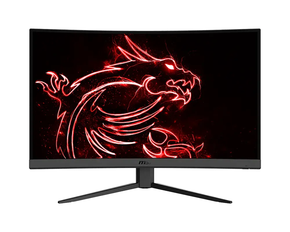 MSI G32CQ4 E2 monitor on its supplied stand, official front view with manufacturer sample screen artwork