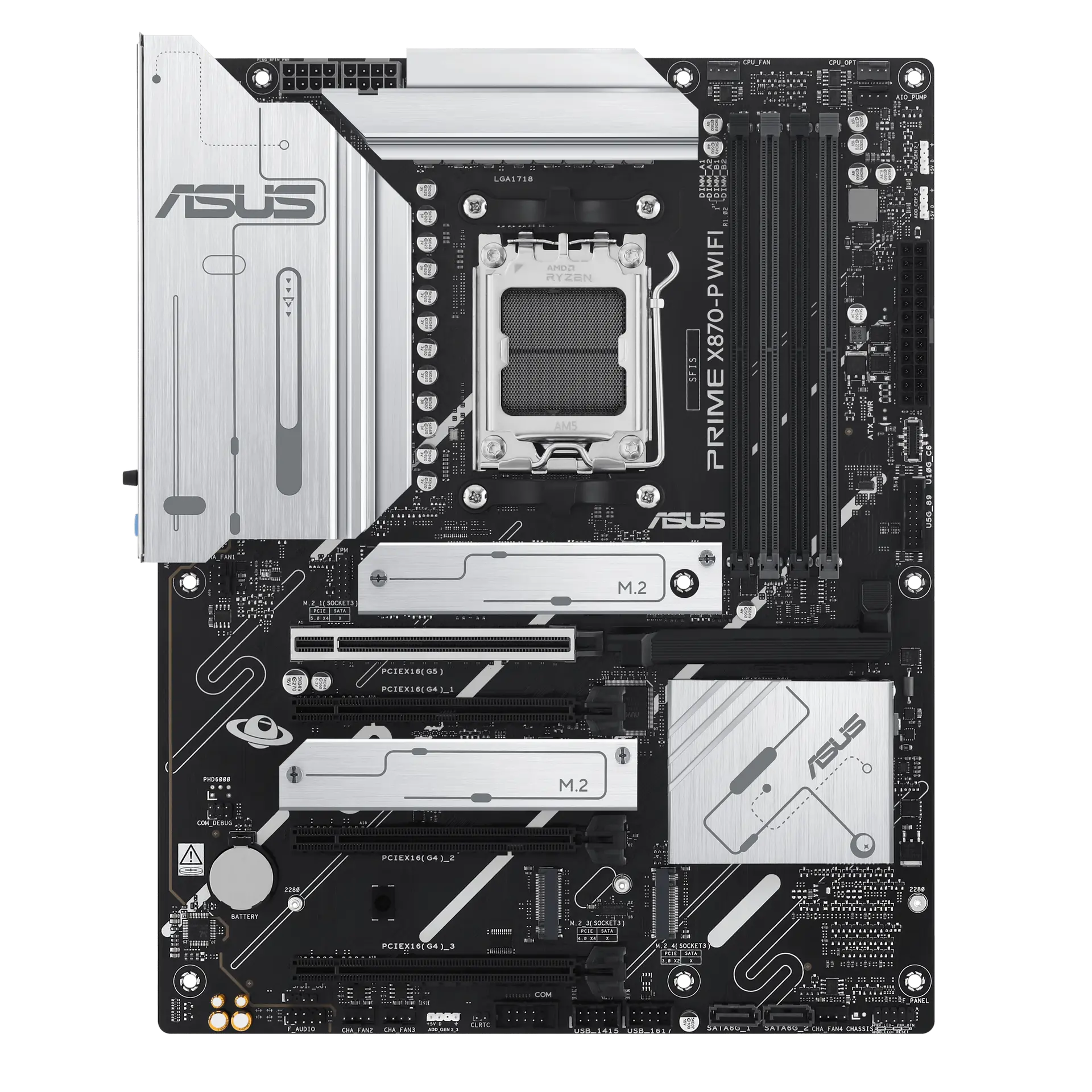 ASUS PRIME X870-P WIFI motherboard, official front view showing its exact board layout, processor socket, memory slots and heatsinks.