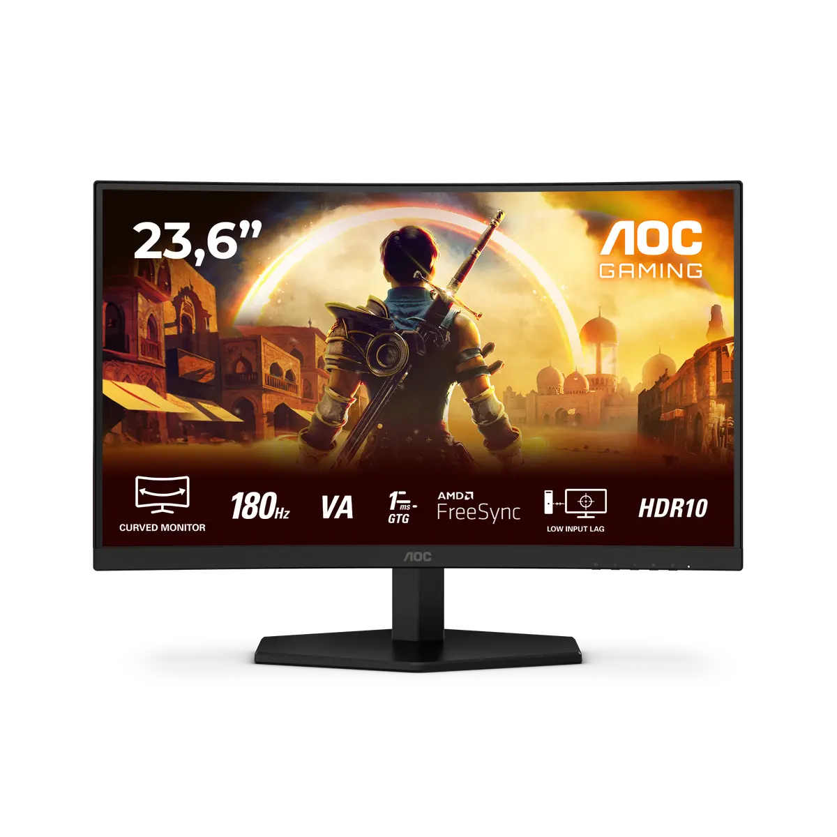 AOC C24G42E monitor, official exact-model gallery view showing the screen and supplied stand.