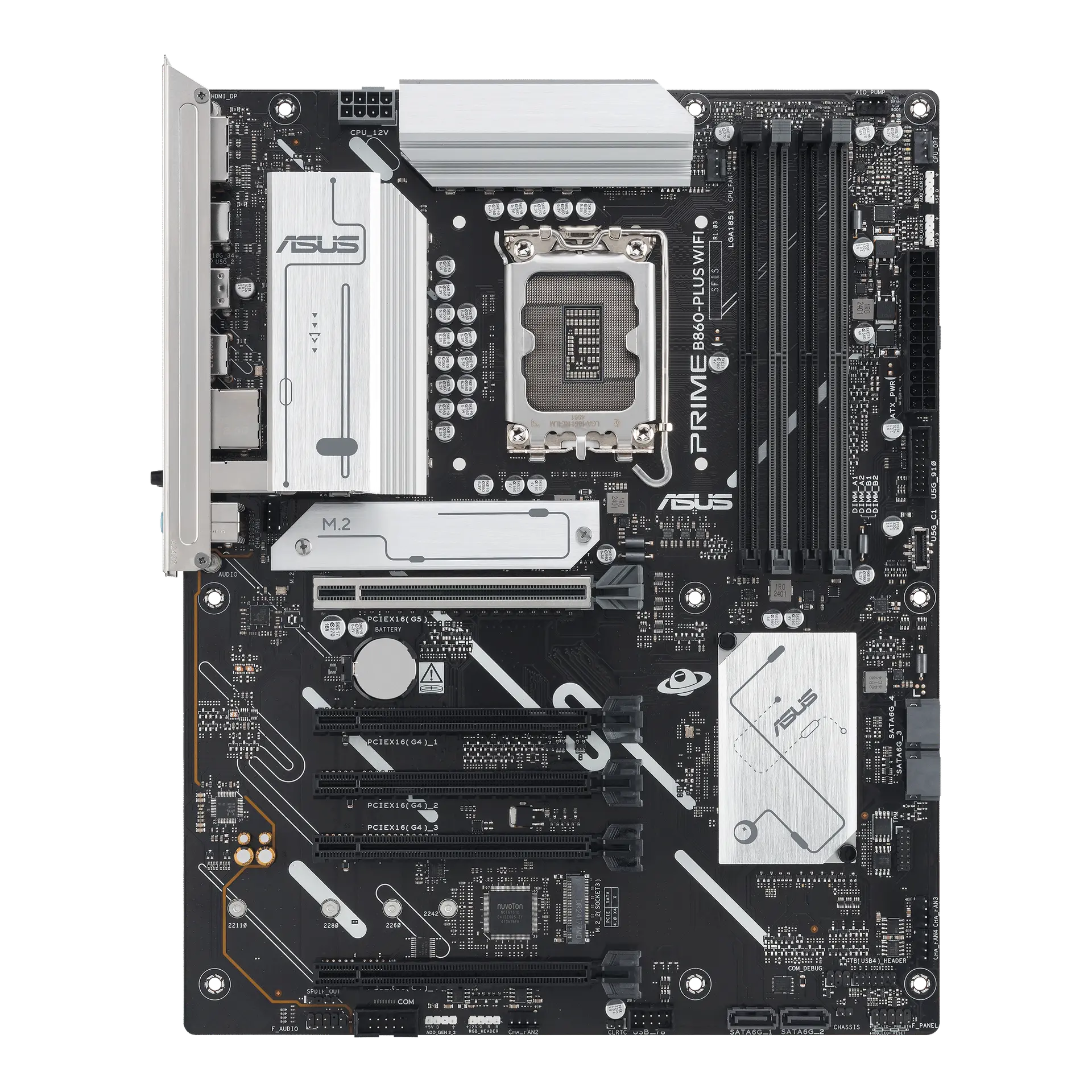 ASUS PRIME B860-PLUS WIFI motherboard, official front view showing its exact board layout, processor socket, memory slots and heatsinks.