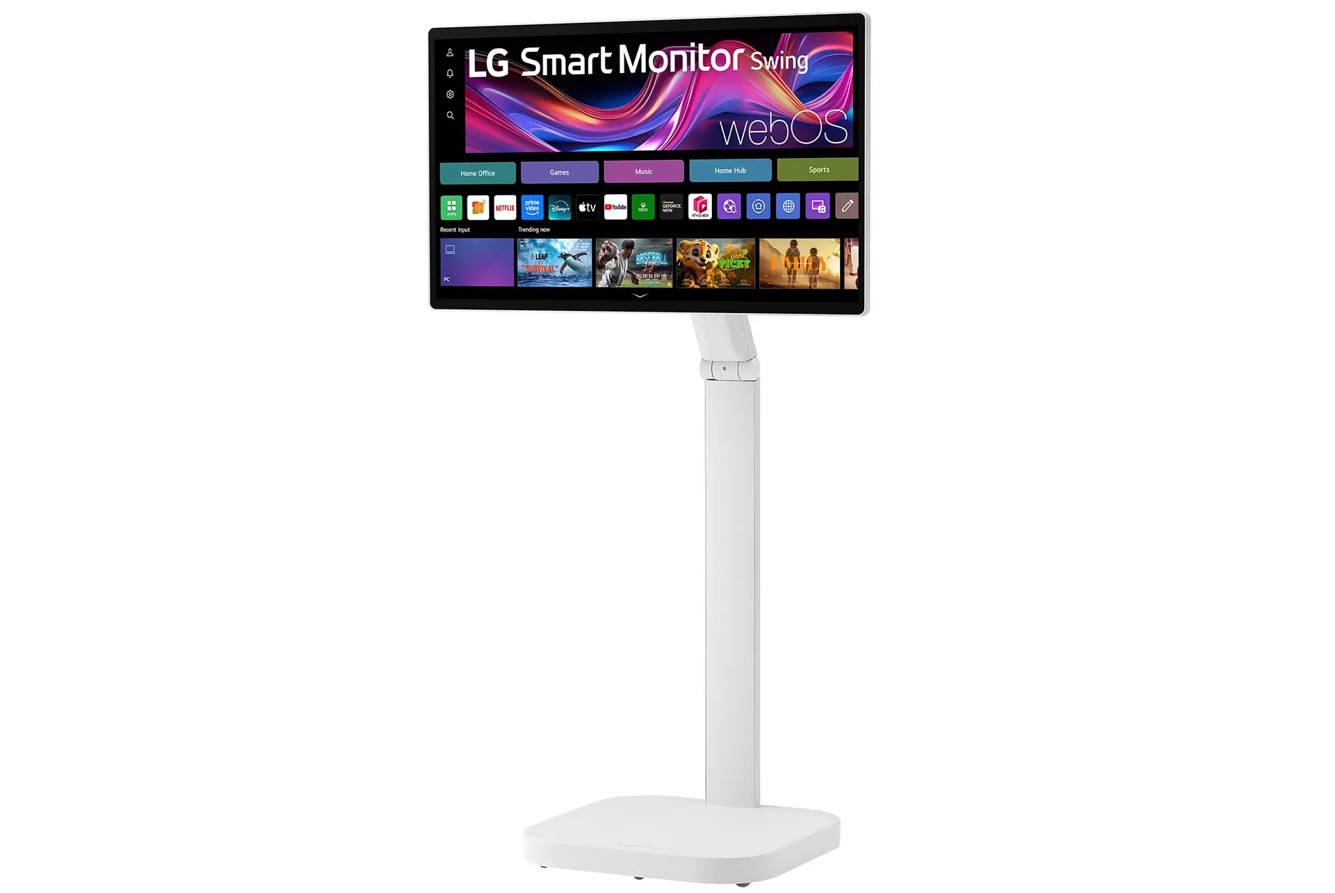 LG Smart Monitor Swing 32U889SA-W official exact-model angled view with the complete supplied wheeled stand.