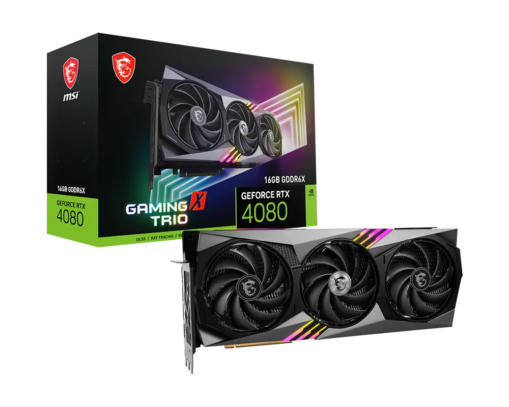 MSI GeForce RTX 4080 16GB GAMING X TRIO graphics card with exact-model manufacturer packaging