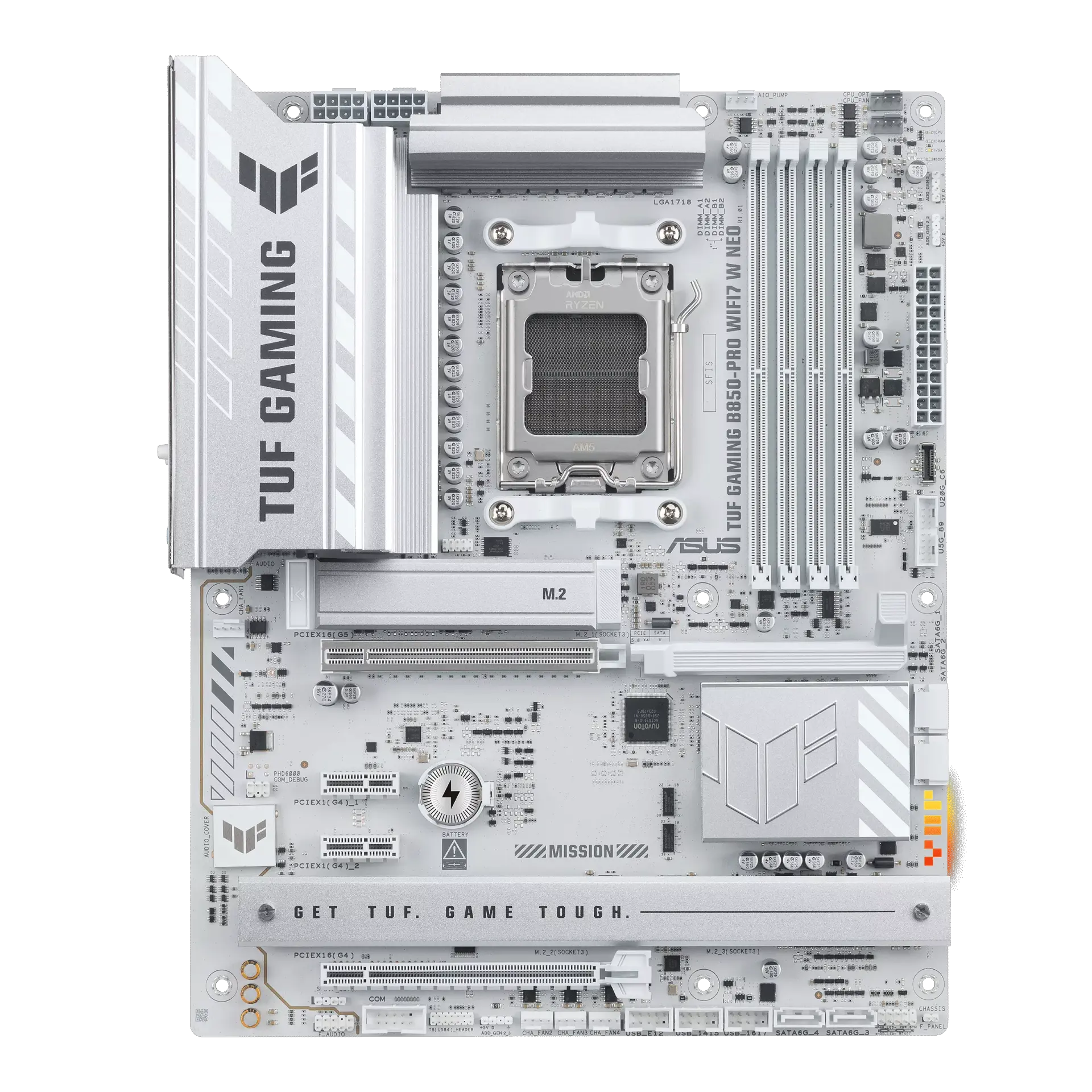 ASUS TUF GAMING B850-PRO WIFI7 W NEO motherboard in white, official front view showing its exact board layout, AM5 processor socket, four memory slots and heatsinks.