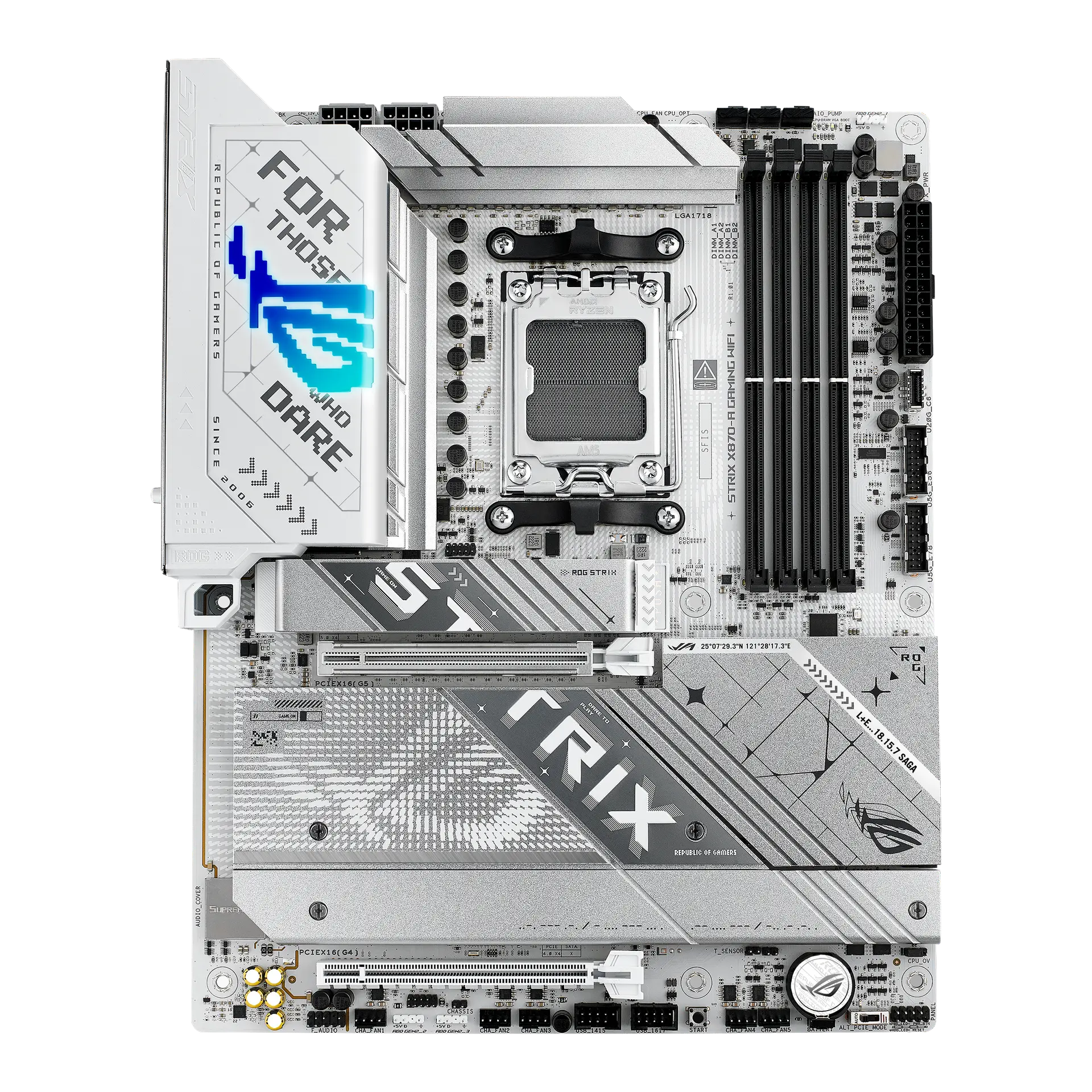 ASUS ROG STRIX X870-A GAMING WIFI motherboard, official front view showing its exact board layout, processor socket, memory slots and heatsinks.
