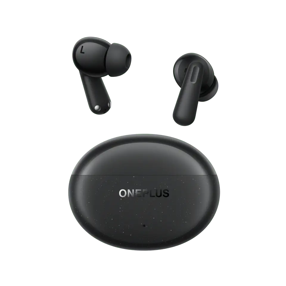OnePlus Nord Buds 3 Pro earbuds in Starry Black above their closed speckled black charging case