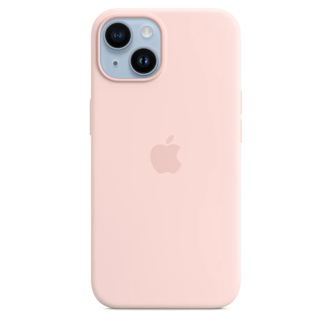 iPhone 14 Silicone Case with MagSafe in Chalk Pink, with iPhone 14 in Blue.