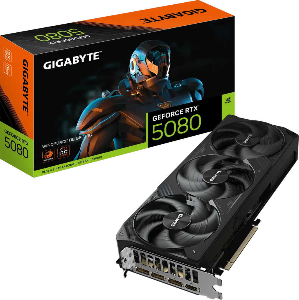 Gigabyte GeForce RTX 5080 WINDFORCE OC SFF 16G graphics card with its retail box, showing the black fan shroud and rear outputs