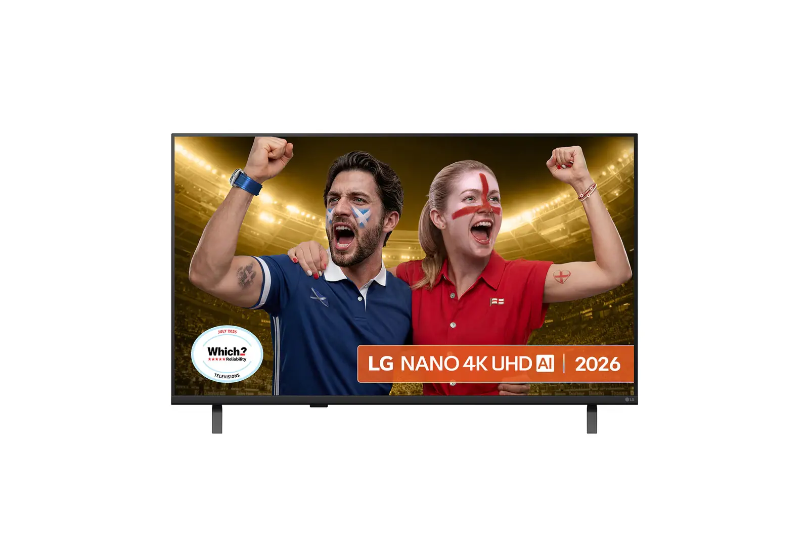 Front view of 43 inch LG NANO 4K UHD AI NU8E Smart TV 2026 43NU8E0B3LA