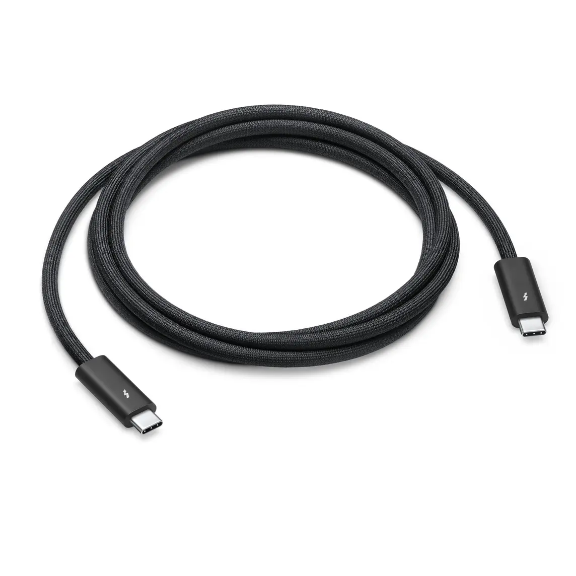 Thunderbolt 4 Pro Cable (1.8 metres) features a black braided design that coils without tangling, and can transfer data at up to 40 gigabytes per second.