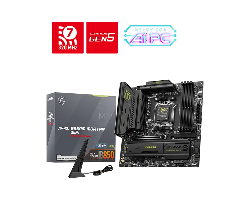 MSI MAG B850M MORTAR WIFI motherboard with exact-model retail packaging