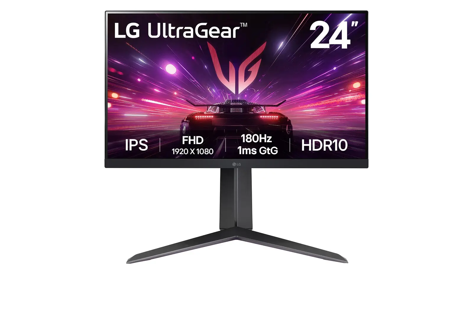 Front view of 24” LG UltraGear™ Full HD IPS Gaming Monitor, 180Hz, IPS 1ms (GtG), HDR10, Black 24GS65F-B
