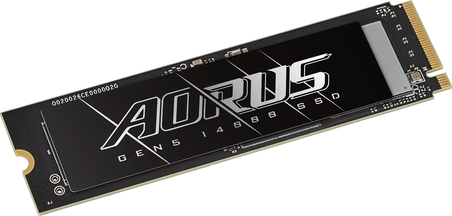 GIGABYTE AORUS Gen5 14000 2 TB M.2 2280 SSD, angled view of the labelled bare module