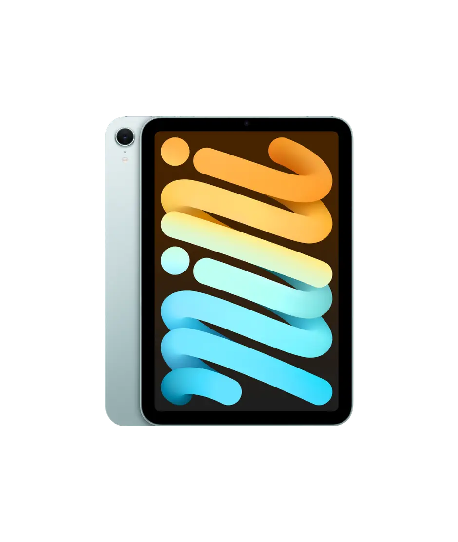 iPad mini Wi-Fi, back exterior, Blue, single-lens camera, front exterior, black display bezel, rounded corners