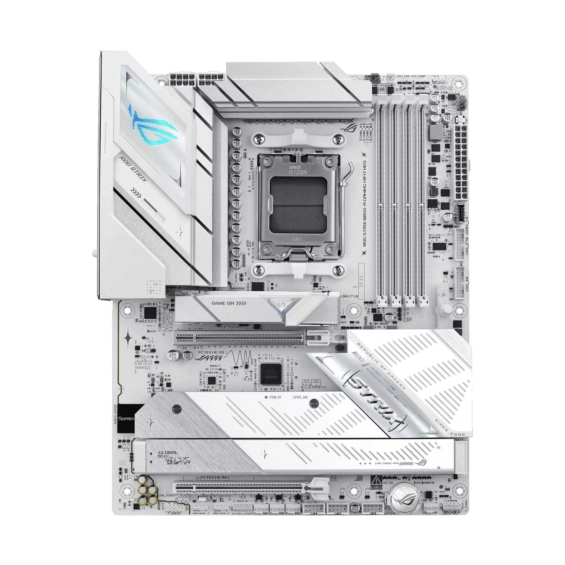 ASUS ROG STRIX B850-A GAMING WIFI7 NEO motherboard in white, official front view showing its exact board layout, AM5 processor socket, four memory slots and heatsinks.