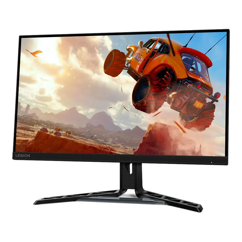 Lenovo Legion R27qe monitor at a front-left angle on its black tripod-style stand, with a game scene on screen.