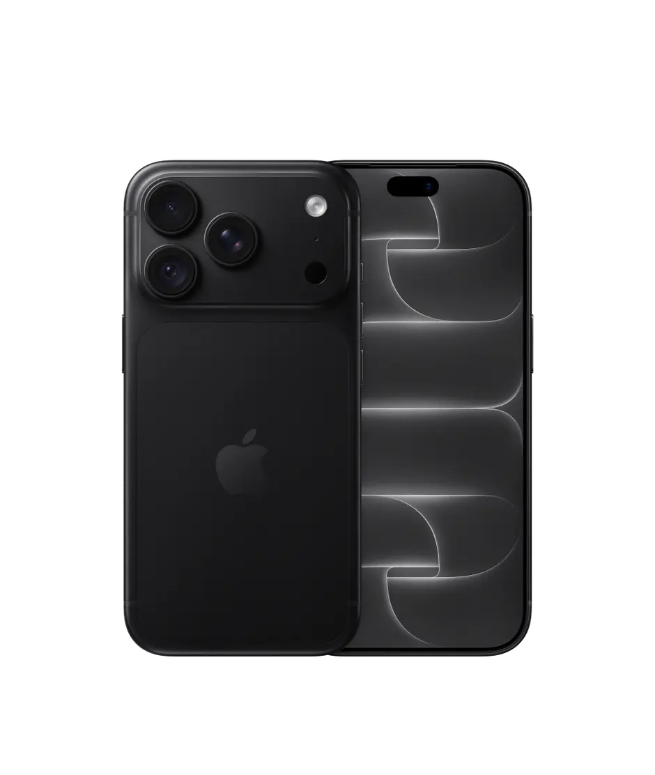 iPhone 18 Pro, back exterior, black colour, Pro Fusion camera system at top, Apple logo in centre, front exterior, all-screen design, Dynamic Island at top centre