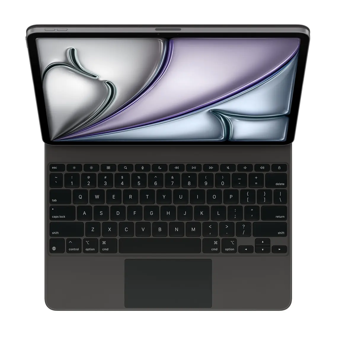 Magic Keyboard for iPad Air, black colour aluminium structure, black colour keys with white colour symbols, function key row, black colour trackpad and palm rest, iPad Air attached, landscape orientation
