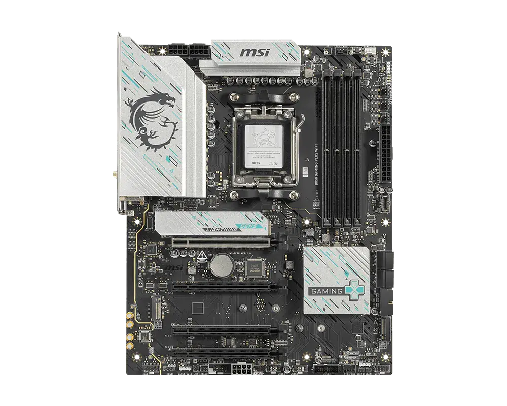 MSI B850 GAMING PLUS WIFI motherboard, top view of the exact global model; CPU and memory are not installed