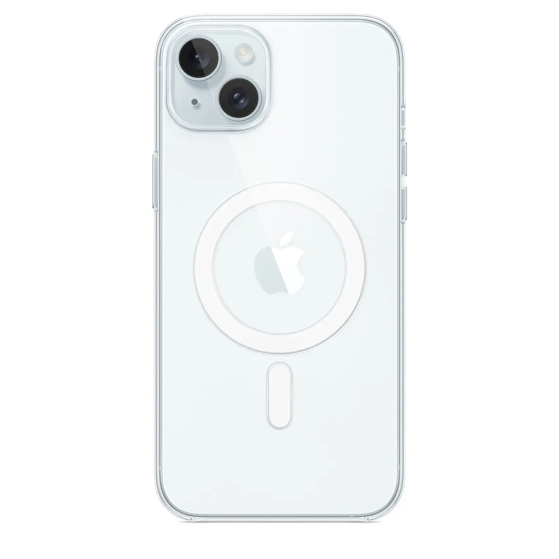 iPhone 15 Plus Clear Case with MagSafe, attached to iPhone 15 Plus Blue finish.