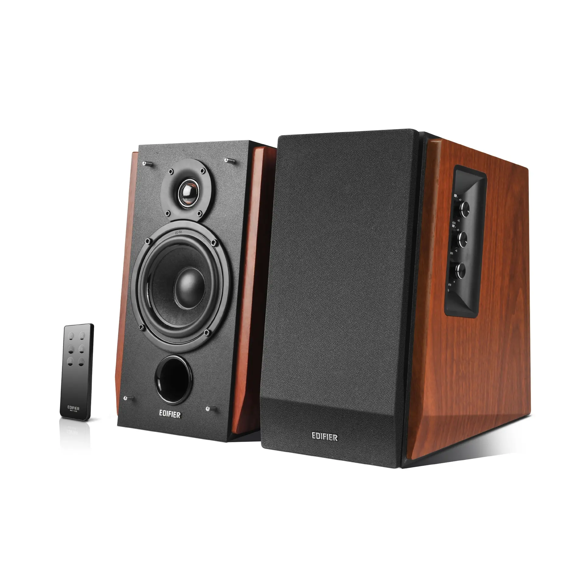 Brown wood-effect Edifier R1700BT active and passive bookshelf speakers, one with grille removed, beside the remote control